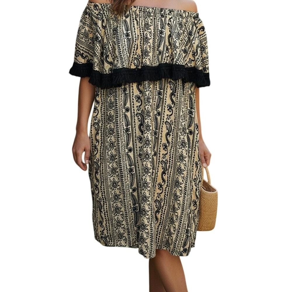 Uncle Frank by Ivy Jane Off Shoulder Dress Cream Black Boho Embroidered Size S